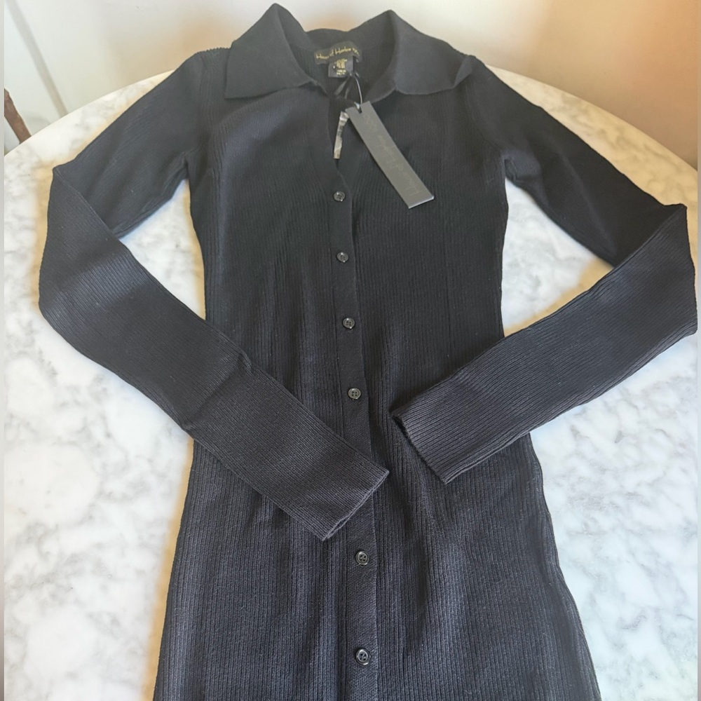 NWT House of Harlow XS Slim Ribbed knit Button Up Dress Black with Collar midi